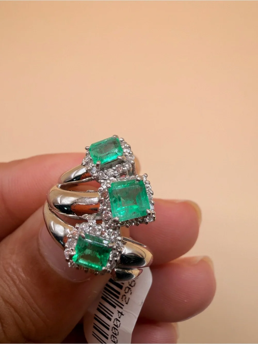 Vintage Platinum 900 Diamond & Colombian Emerald Ring Size 7.